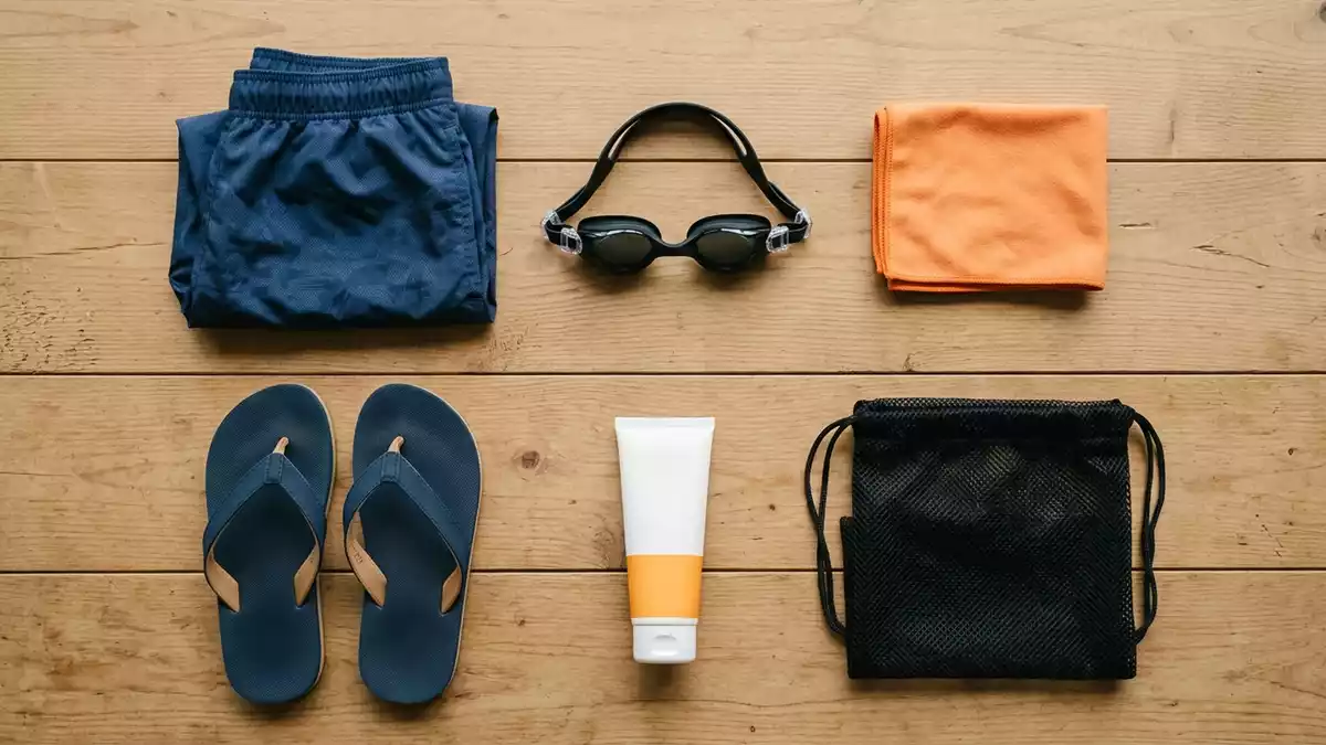 Flatlay-Arrangement rund um Badeshorts mit passenden Requisiten von oben, neutral