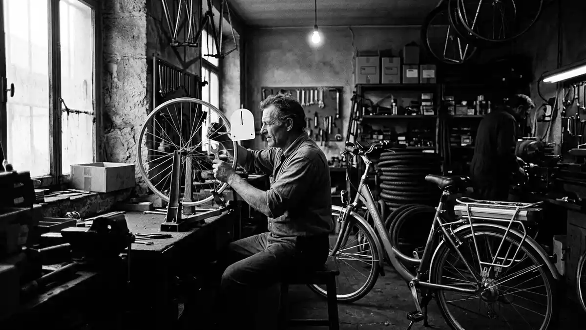 Schwarzweiss-Reportagebild mit Elektrofahrrad in dokumentarischer Arbeitsumgebung