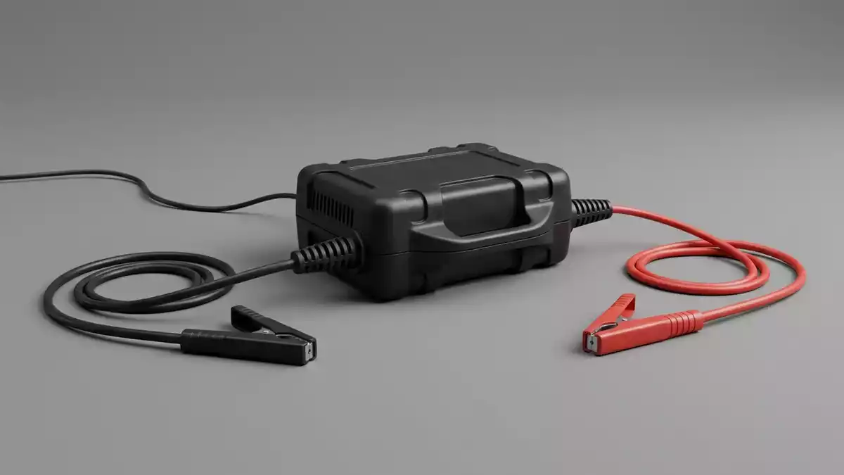 Fotorealistische Studioansicht von Batterieladegeraet in neutraler Produktdarstellung