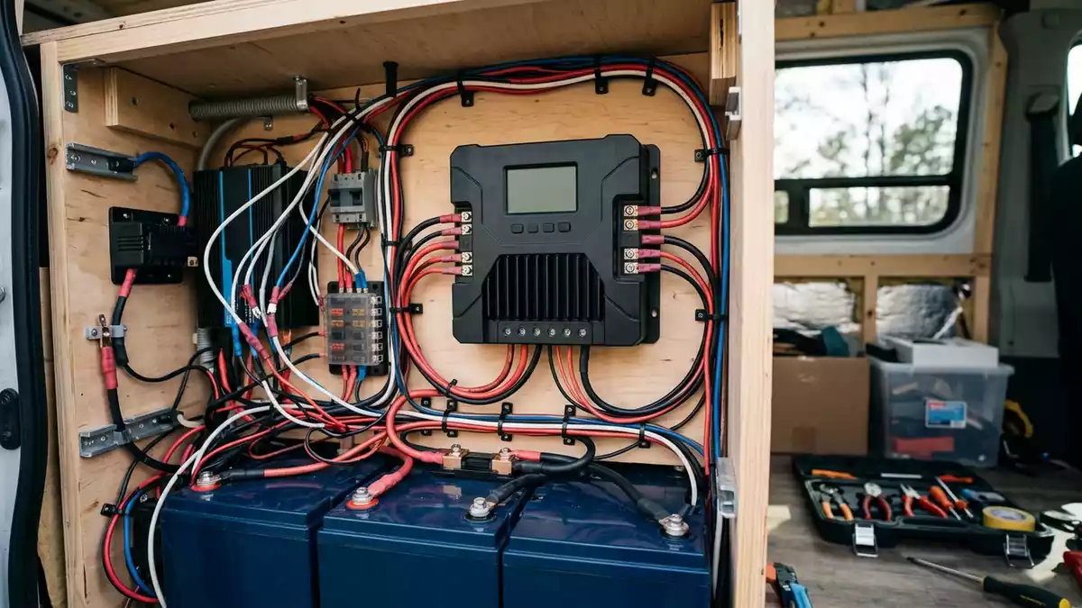 Fotorealistische Ansicht von Solarladeregler im Wohnmobil in realer Umgebung, neutral