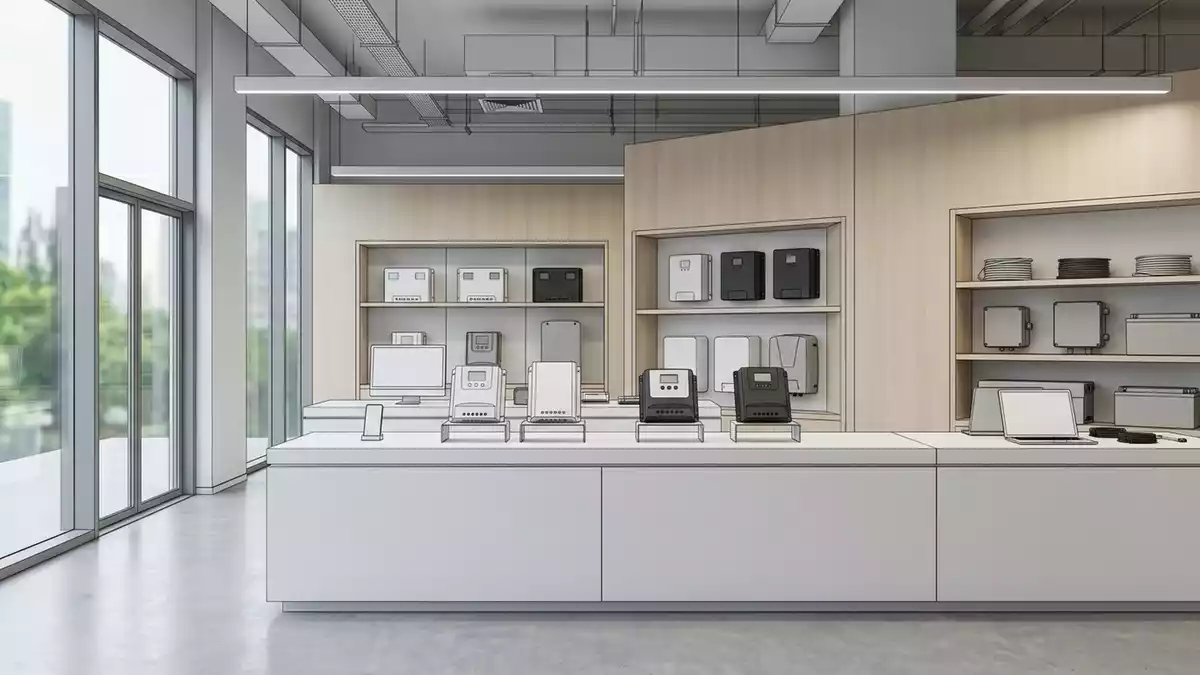 Architektur-Render im Energieausstellung mit Solarladeregler im Ausstellungsbereich