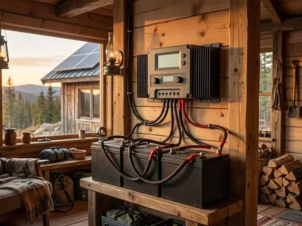 Fotorealistische Aufnahme von Solarladeregler an der Huette zum Thema Victron Energy SmartSolar MPPT, warmes Abendlicht - Foto: THN