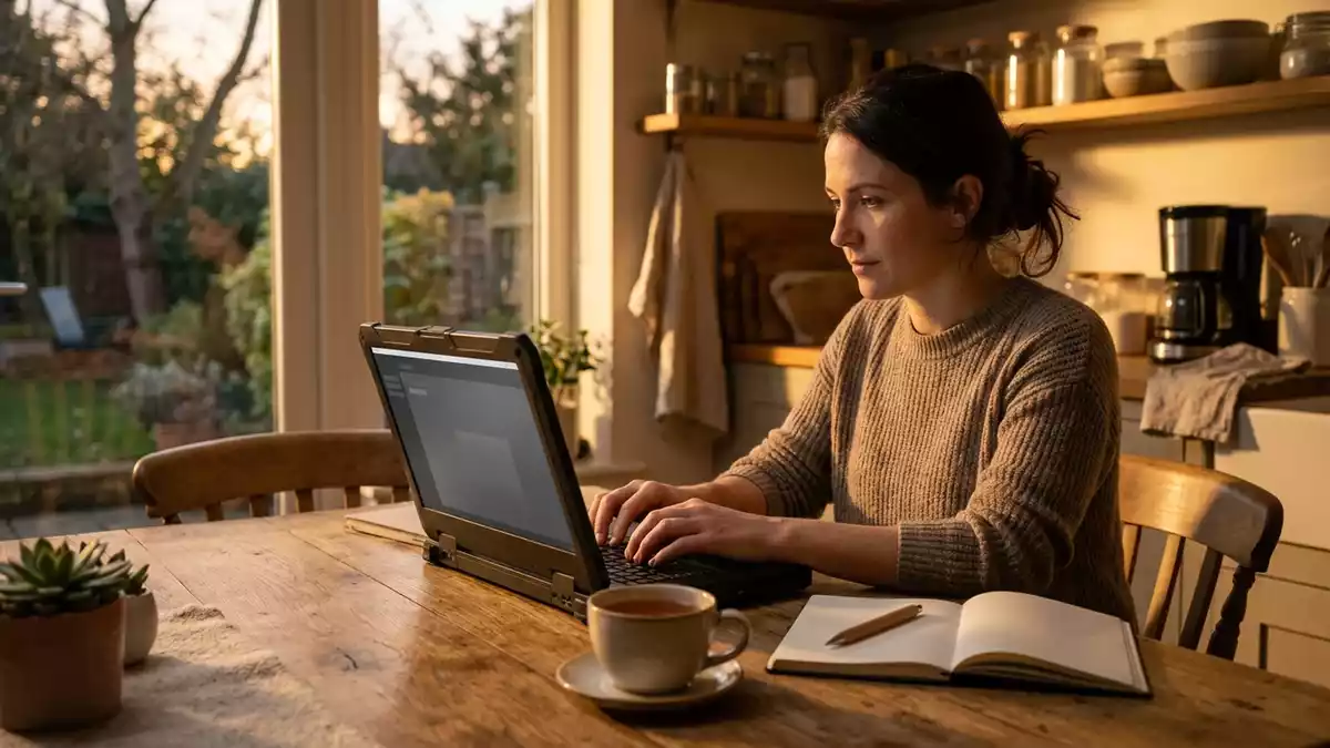 Fotorealistische Ansicht von Business Laptop am Kuechentisch in warmem Abendlicht