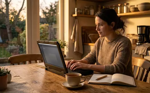 Fotorealistische Aufnahme von Business Laptop am Kuechentisch zum Thema ASUS ExpertBook P5 Copilot+, warmes Abendlicht - Foto: THN