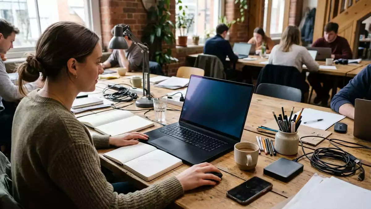 Fotorealistische Ansicht von Laptop im Arbeitsraum in realer Umgebung, neutral