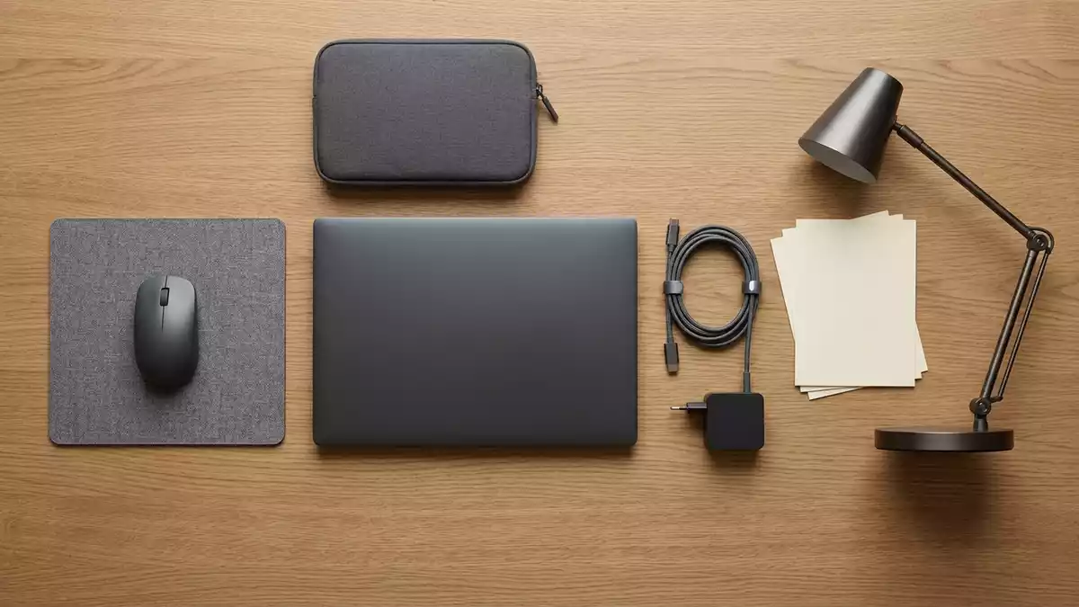 Flatlay-Arrangement rund um Laptop mit passenden Requisiten von oben, neutral