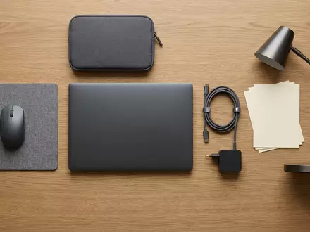 Flatlay-Arrangement rund um Laptop zum Thema ASUS Zenbook S 16, weiches Oberlicht - Foto: THN