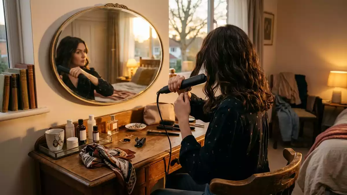 Fotorealistische Ansicht von Haarglaetter am Schminktisch in warmem Abendlicht