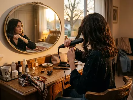 Fotorealistische Aufnahme von Haarglaetter am Schminktisch zum Thema GHD Gold Haarglätter, warmes Abendlicht - Foto: THN