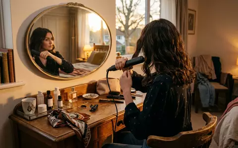 Fotorealistische Aufnahme von Haarglaetter am Schminktisch zum Thema GHD Gold Haarglätter, warmes Abendlicht - Foto: THN