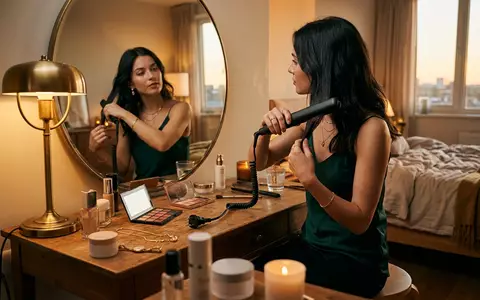 Fotorealistische Aufnahme von Haarglaetter am Schminktisch zum Thema GHD Platinum+ Haarglätter, warmes Abendlicht - Foto: THN