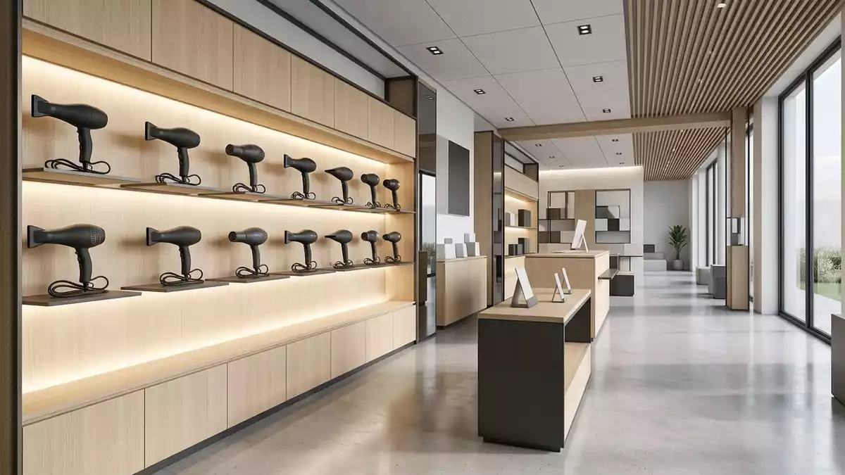Architektur-Render im Friseurbedarf mit Haartrockner im Ausstellungsbereich, neutral