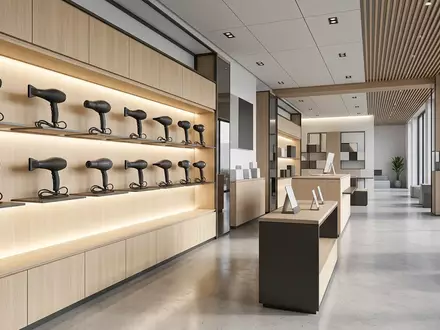 Architektur-Render im Friseurbedarf mit Haartrockner zum Thema GHD Helios Haartrockner, neutrales Tageslicht - Foto: THN
