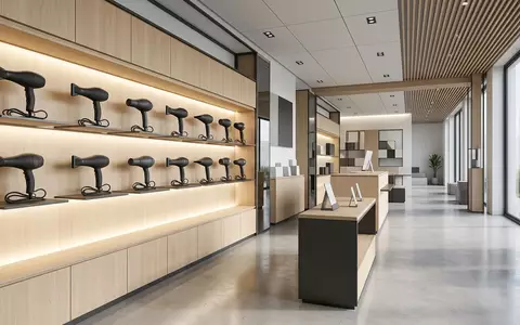 Architektur-Render im Friseurbedarf mit Haartrockner zum Thema GHD Helios Haartrockner, neutrales Tageslicht - Foto: THN
