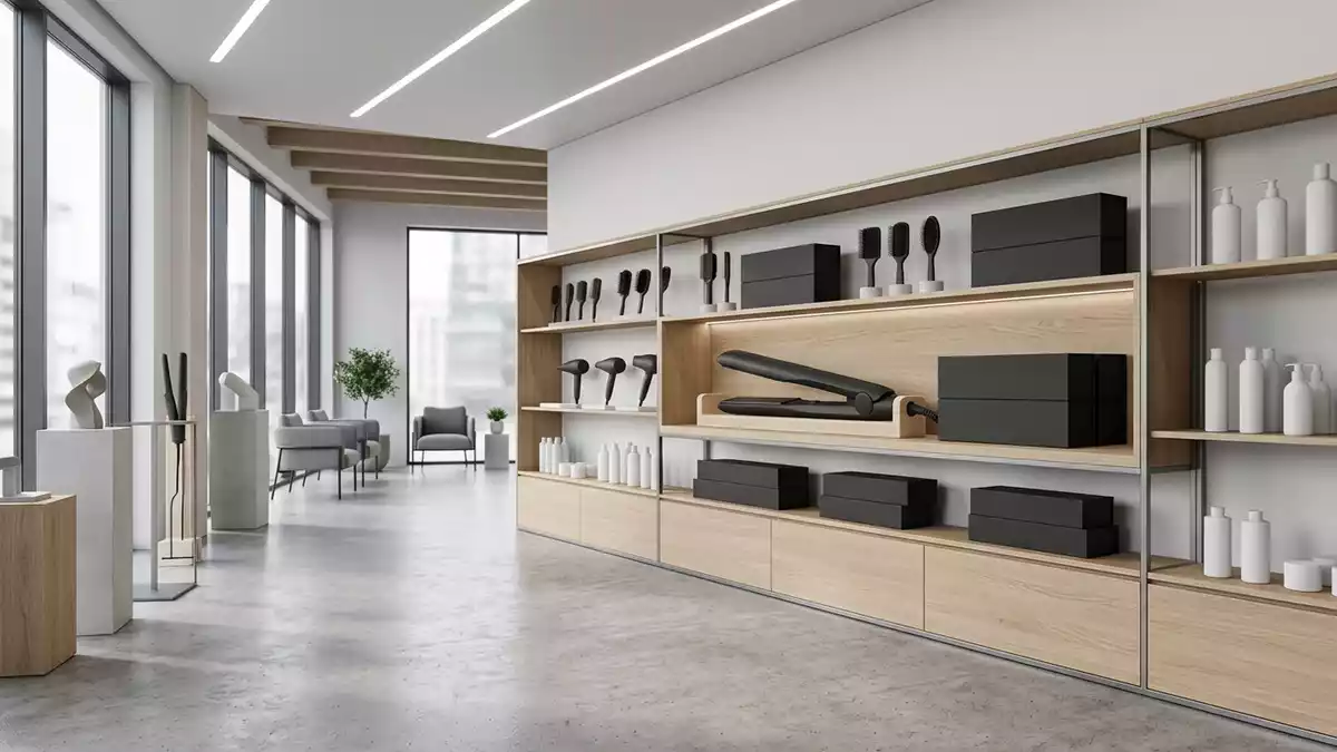 Architektur-Render im Friseurbedarf mit Haarglaetter im Ausstellungsbereich, neutral