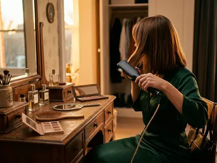 Fotorealistische Aufnahme von Haarglaetter am Schminktisch zum Thema GHD Max Breite Platte, warmes Abendlicht - Foto: THN