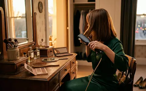 Fotorealistische Aufnahme von Haarglaetter am Schminktisch zum Thema GHD Max Breite Platte, warmes Abendlicht - Foto: THN