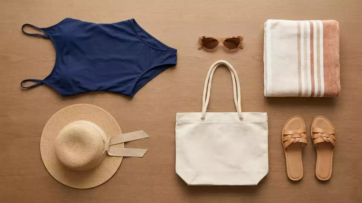 Flatlay-Arrangement rund um Badeanzug mit passenden Requisiten von oben, neutral