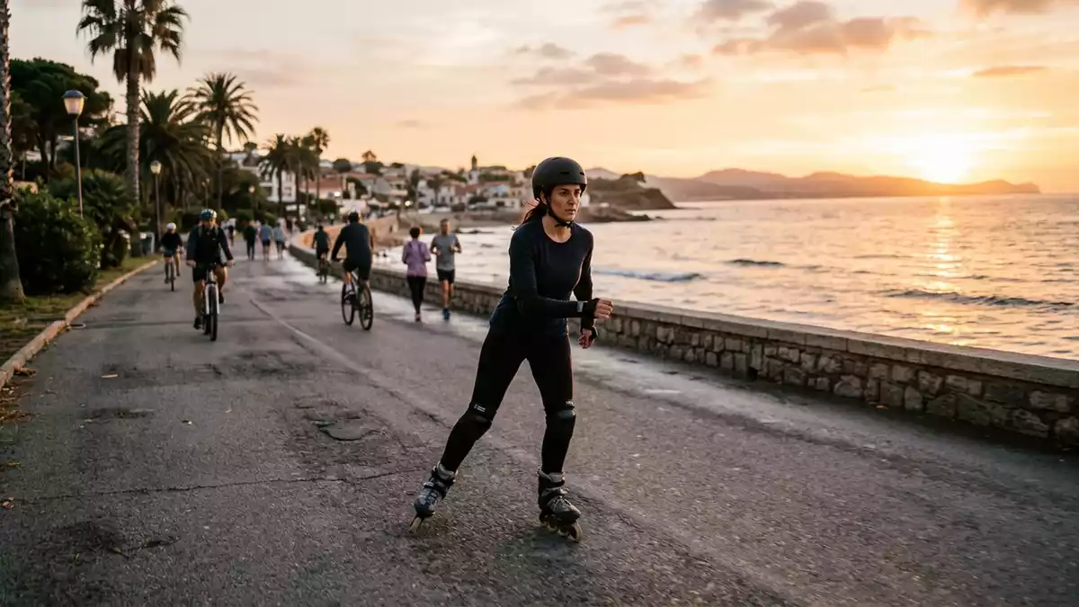 Fotorealistische Ansicht von Skatehelm an der Promenade in warmem Abendlicht, neutral