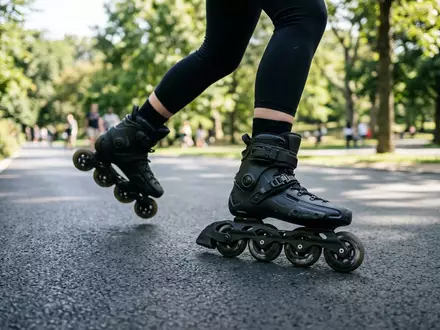 Fotorealistische Aufnahme von Inlineskates im Park zum Thema Powerslide Next Core 80, natuerliches Licht - Foto: THN
