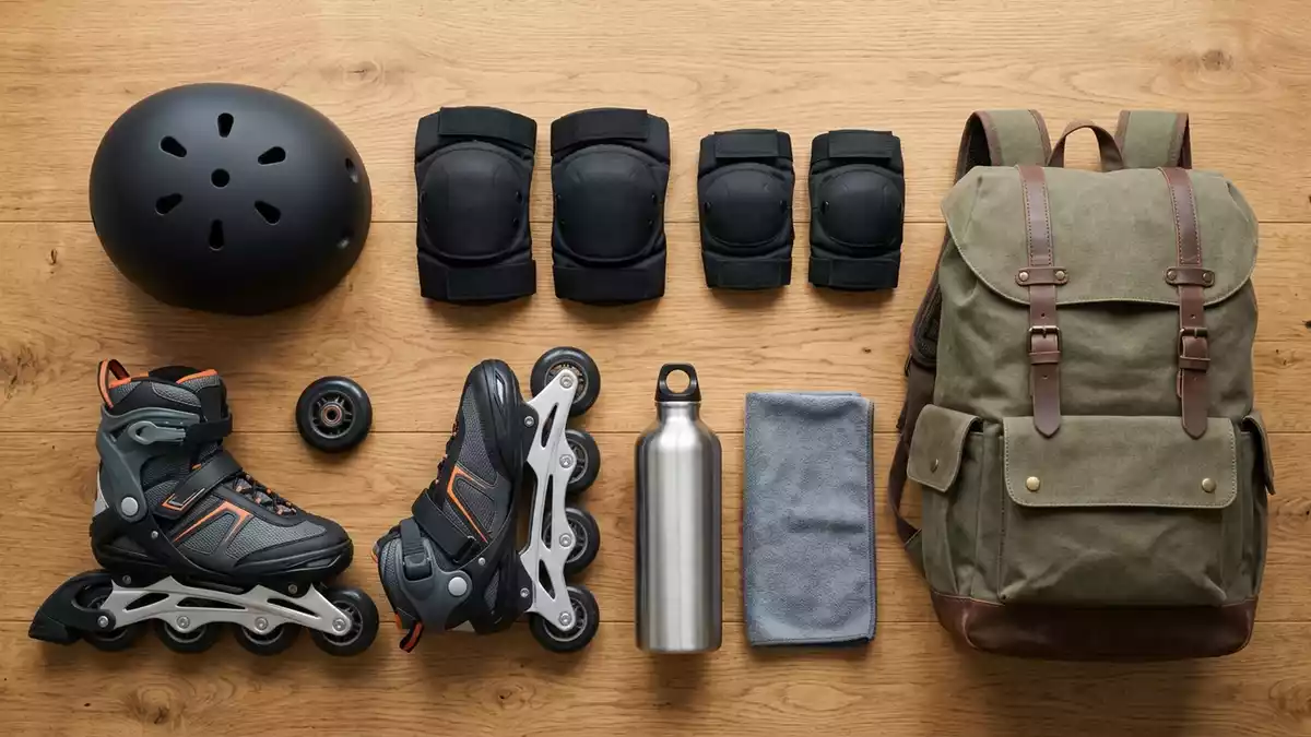 Flatlay-Arrangement rund um Inlineskates mit passenden Requisiten von oben, neutral