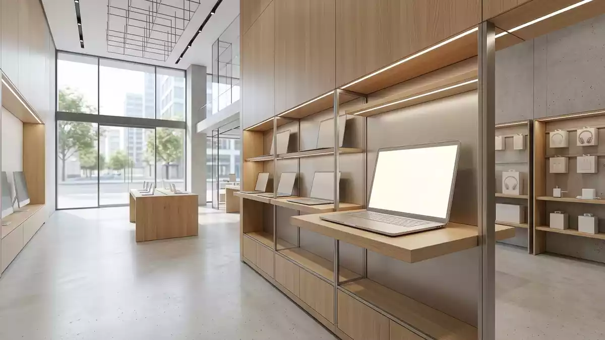 Architektur-Render im Elektronikmarkt mit Ultrabook im Ausstellungsbereich, neutral