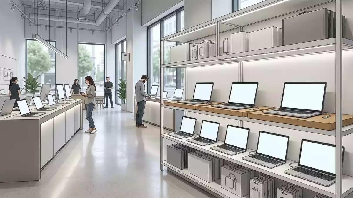 Architektur-Render im Elektronikfachmarkt mit Allround-Notebook im Ausstellungsbereich
