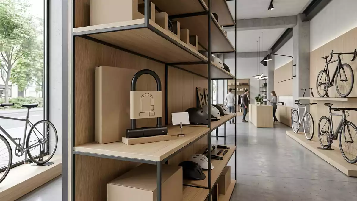 Architektur-Render im Fahrradladen mit Buegelschloss im Ausstellungsbereich, neutral
