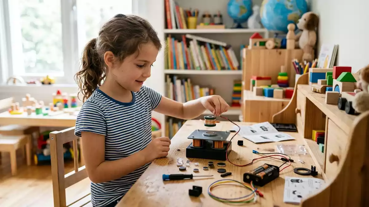 Fotorealistische Ansicht von Magnet-Experimentierkasten am Kindertisch in realer