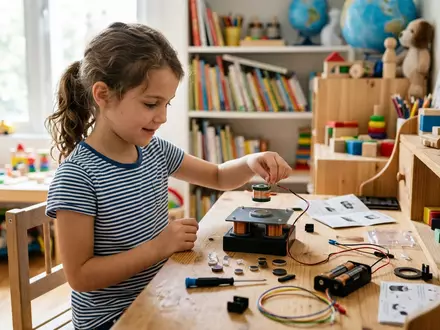 Fotorealistische Aufnahme von Magnet-Experimentierkasten am Kindertisch zum Thema 4M Kidzlabs Magnetik Levitation, natuerliches Licht - Foto: THN