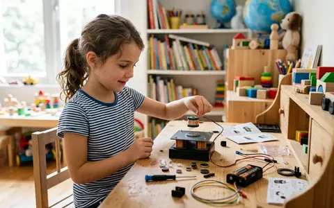 Fotorealistische Aufnahme von Magnet-Experimentierkasten am Kindertisch zum Thema 4M Kidzlabs Magnetik Levitation, natuerliches Licht - Foto: THN
