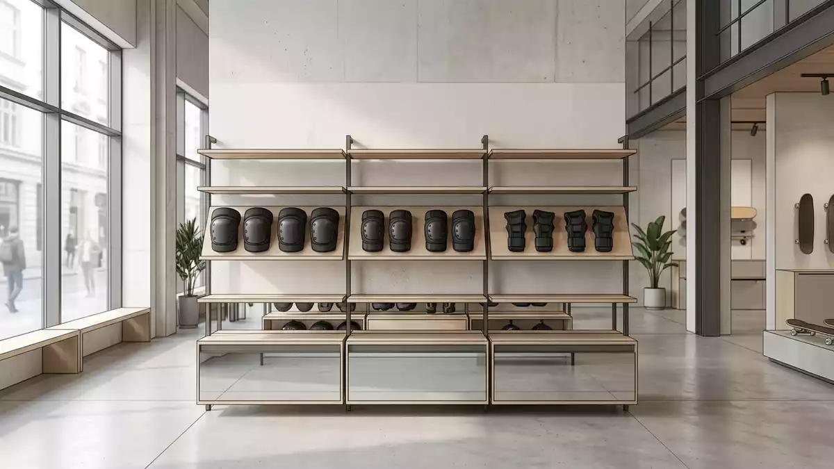 Architektur-Render im Skate-Shop mit Protektoren-Set im Ausstellungsbereich, neutral