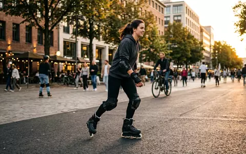 Fotorealistische Aufnahme von Protektoren-Set beim Abendskaten zum Thema 187 Killer Pads Combo, warmes Abendlicht - Foto: THN