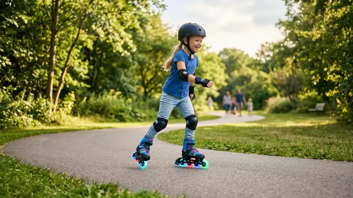 Fotorealistische Ansicht von Kinder-Inlineskates im Park in realer Umgebung, neutral
