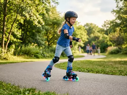 Fotorealistische Aufnahme von Kinder-Inlineskates im Park zum Thema 2PM Sports Verstellbare Inlineskates, natuerliches Licht - Foto: THN