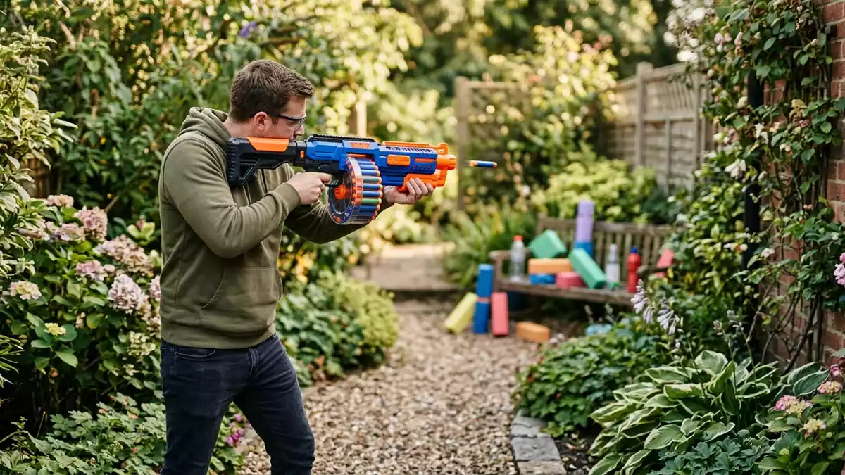Fotorealistische Ansicht von Schaumstoffblaster im Garten in realer Umgebung, neutral