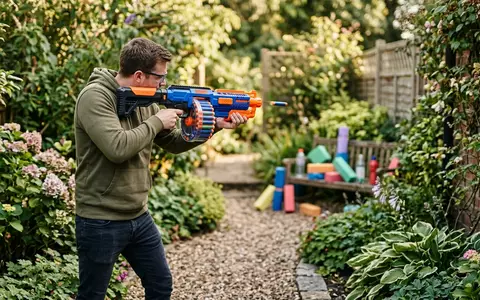 Fotorealistische Aufnahme von Schaumstoffblaster im Garten zum Thema Nerf Elite 2.0 Shockwave, natuerliches Licht - Foto: THN