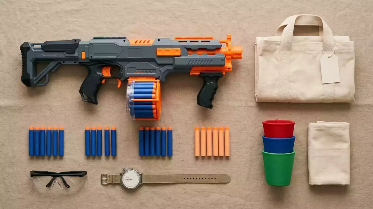 Flatlay-Arrangement rund um Schaumstoffblaster mit passenden Requisiten von oben