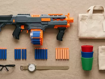 Flatlay-Arrangement rund um Schaumstoffblaster zum Thema Nerf Elite 2.0 Shockwave, weiches Oberlicht - Foto: THN