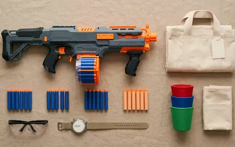 Flatlay-Arrangement rund um Schaumstoffblaster zum Thema Nerf Elite 2.0 Shockwave, weiches Oberlicht - Foto: THN