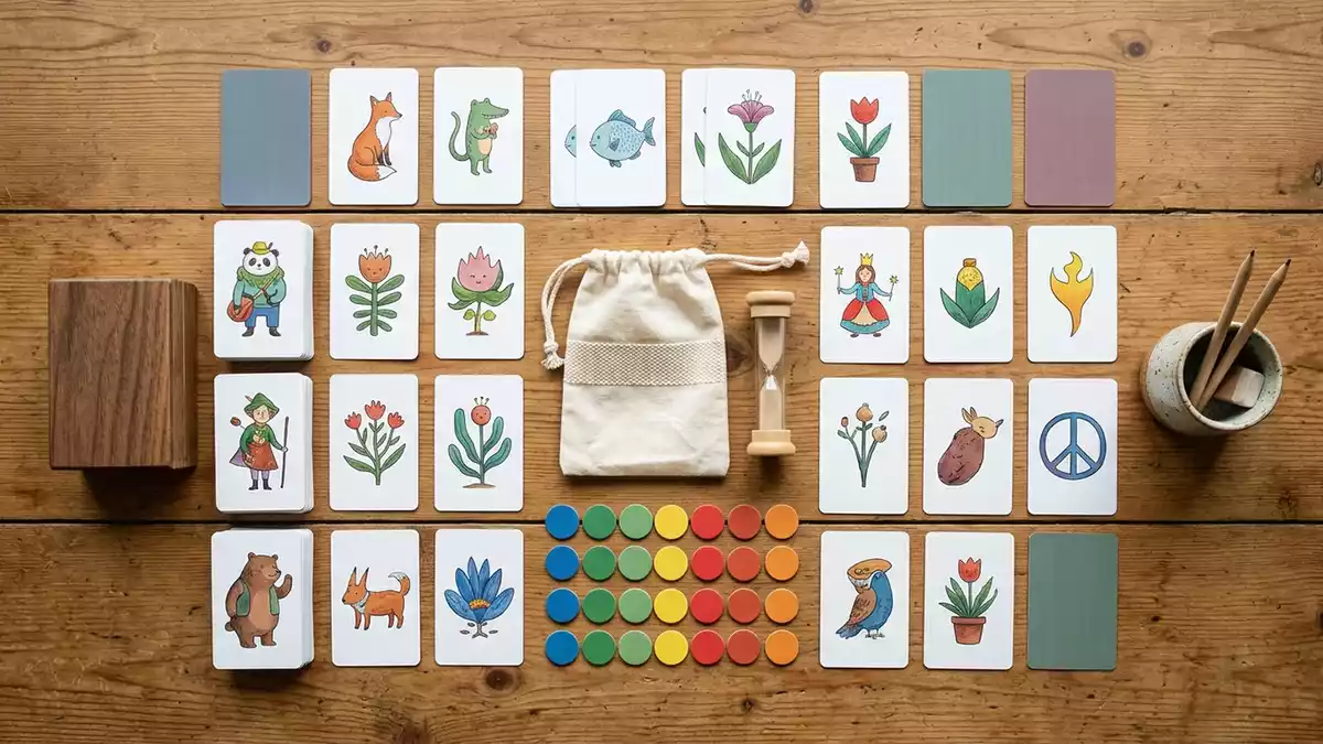 Flatlay-Arrangement rund um Kartenspiel mit passenden Requisiten von oben, neutral