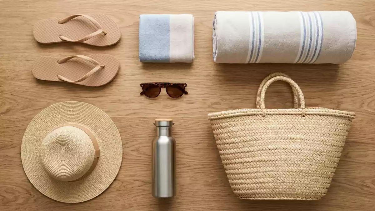 Flatlay-Arrangement rund um Badelatschen mit passenden Requisiten von oben, neutral