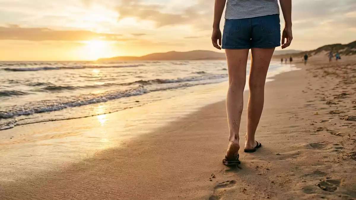 Fotorealistische Ansicht von Badelatschen am Strand in warmem Abendlicht, neutral