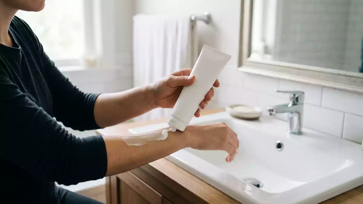 Fotorealistische Ansicht von Enthaarungscreme im Badezimmer in realer Umgebung