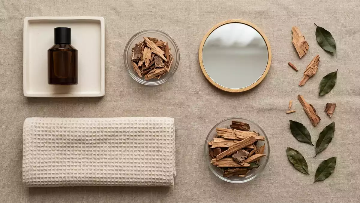 Flatlay-Arrangement rund um Eau de Toilette mit passenden Requisiten von oben, neutral