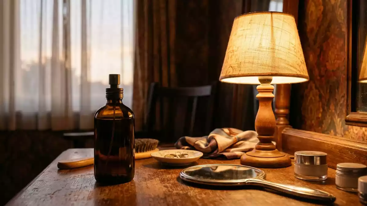 Fotorealistische Ansicht von Eau de Toilette am Schminktisch in warmem Abendlicht