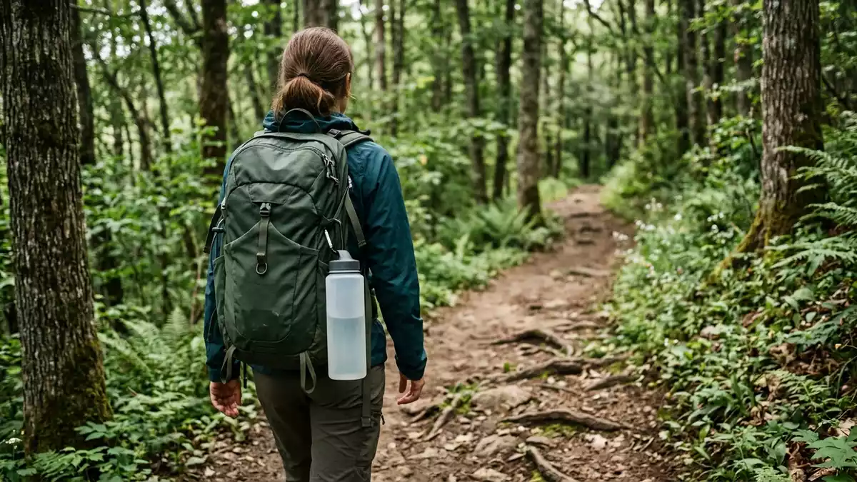 Fotorealistische Ansicht von Trinkflasche beim Wandern in realer Umgebung, neutral