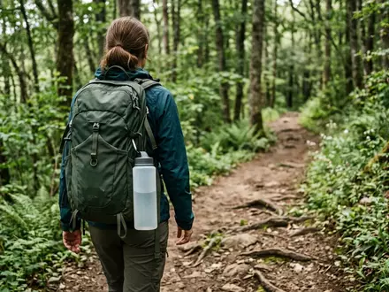 Fotorealistische Aufnahme von Trinkflasche beim Wandern zum Thema Nalgene Narrow Mouth 1L, natuerliches Licht - Foto: THN