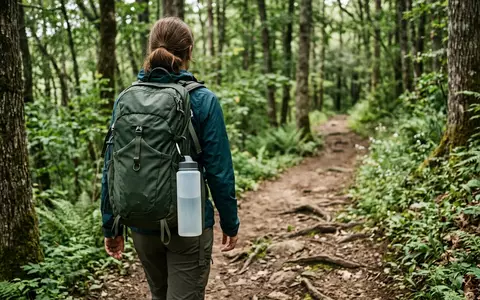 Fotorealistische Aufnahme von Trinkflasche beim Wandern zum Thema Nalgene Narrow Mouth 1L, natuerliches Licht - Foto: THN