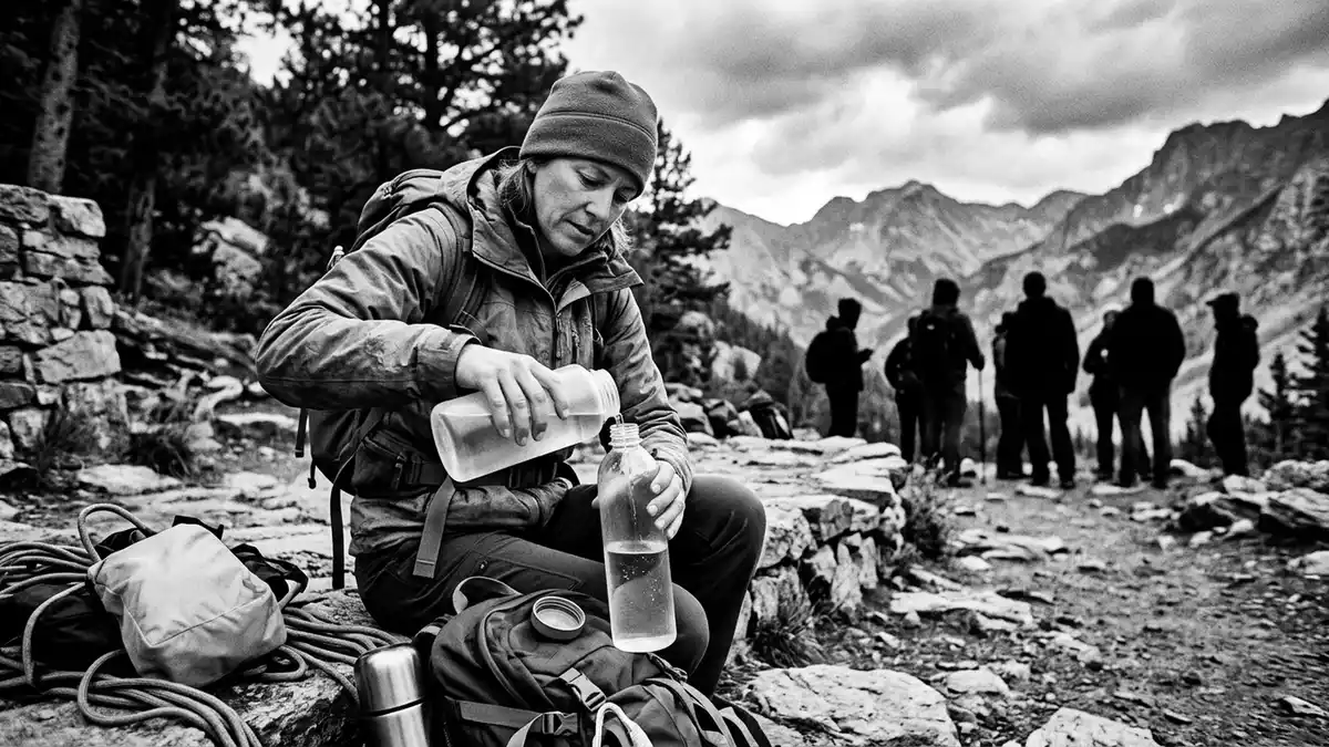 Schwarzweiss-Reportagebild mit Trinkflasche in dokumentarischer Arbeitsumgebung